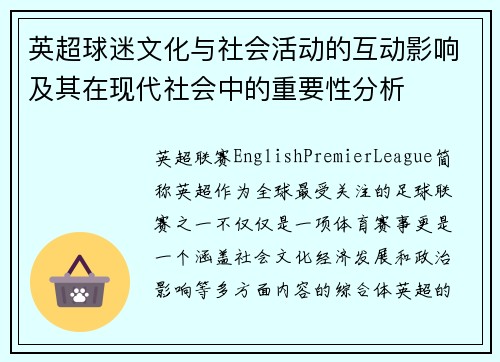 英超球迷文化与社会活动的互动影响及其在现代社会中的重要性分析