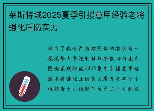 莱斯特城2025夏季引援意甲经验老将强化后防实力